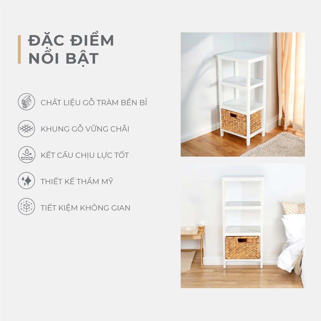 Tủ Gỗ 3 Ngăn - 1 Sọt Lục Bình - Trắng 16 Tủ Gỗ 3 Ngăn - 1 Sọt Lục Bình - Trắng