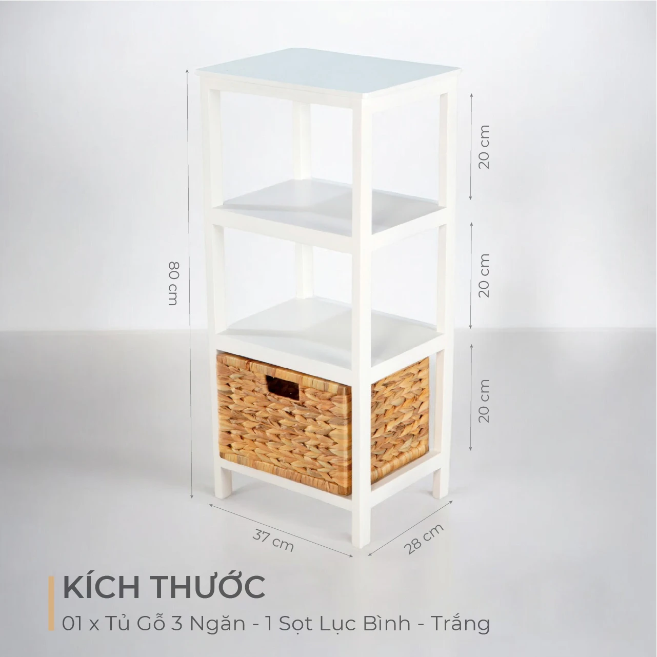 Tủ Gỗ 3 Ngăn - 1 Sọt Lục Bình - Trắng 14 Tủ Gỗ 3 Ngăn - 1 Sọt Lục Bình - Trắng