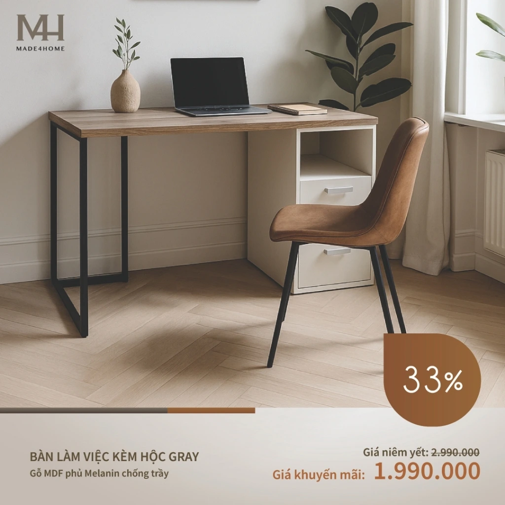 Bàn làm việc kèm hộc Gray- Gỗ MDF phủ Melanin chống trầy 7 Bàn làm việc kèm hộc Gray- Gỗ MDF phủ Melanin chống trầy - Ảnh 7
