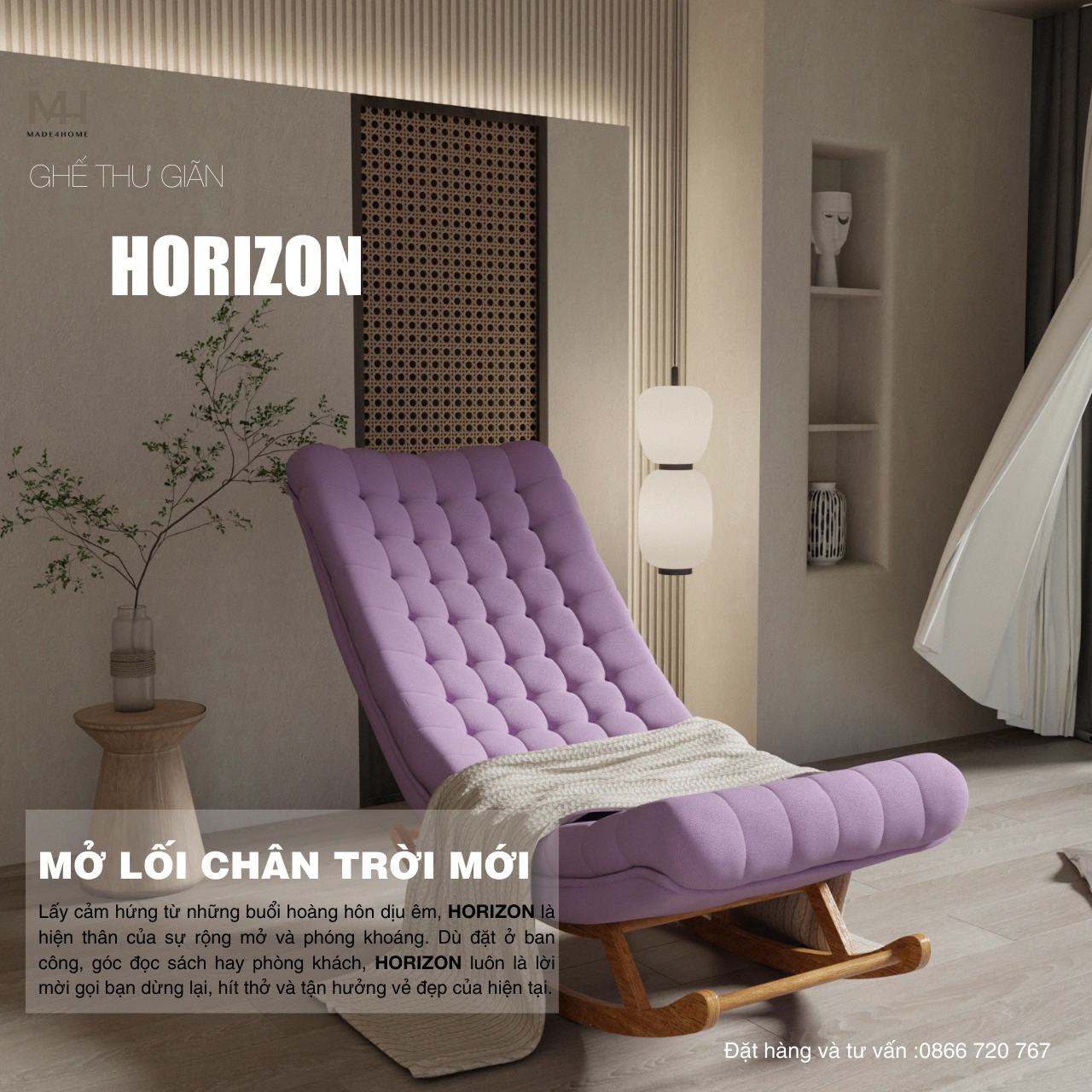 Ghế thư giãn Horizon màu tím – Ghế bập bênh cao cấp gỗ thông nhập khẩu, vải nhung mềm mịn