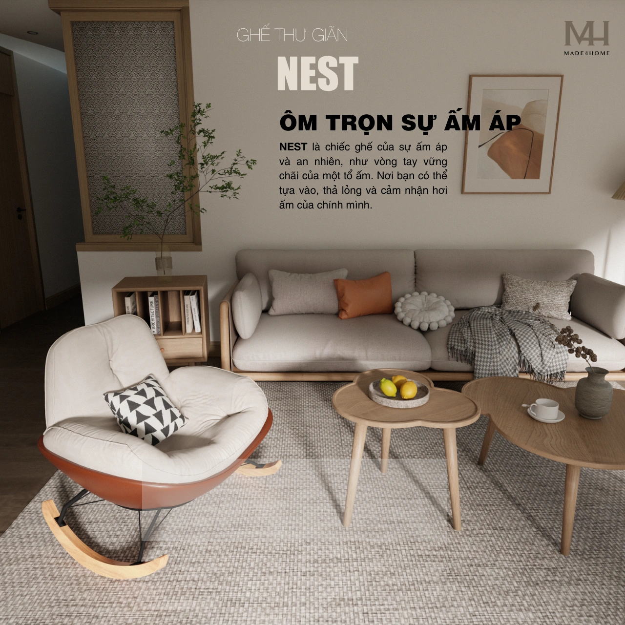 Ghế Thư Giãn NEST Màu Kem – Ghế Bập Bênh Nhung Trượt Nước, Chân Gỗ Tự Nhiên
