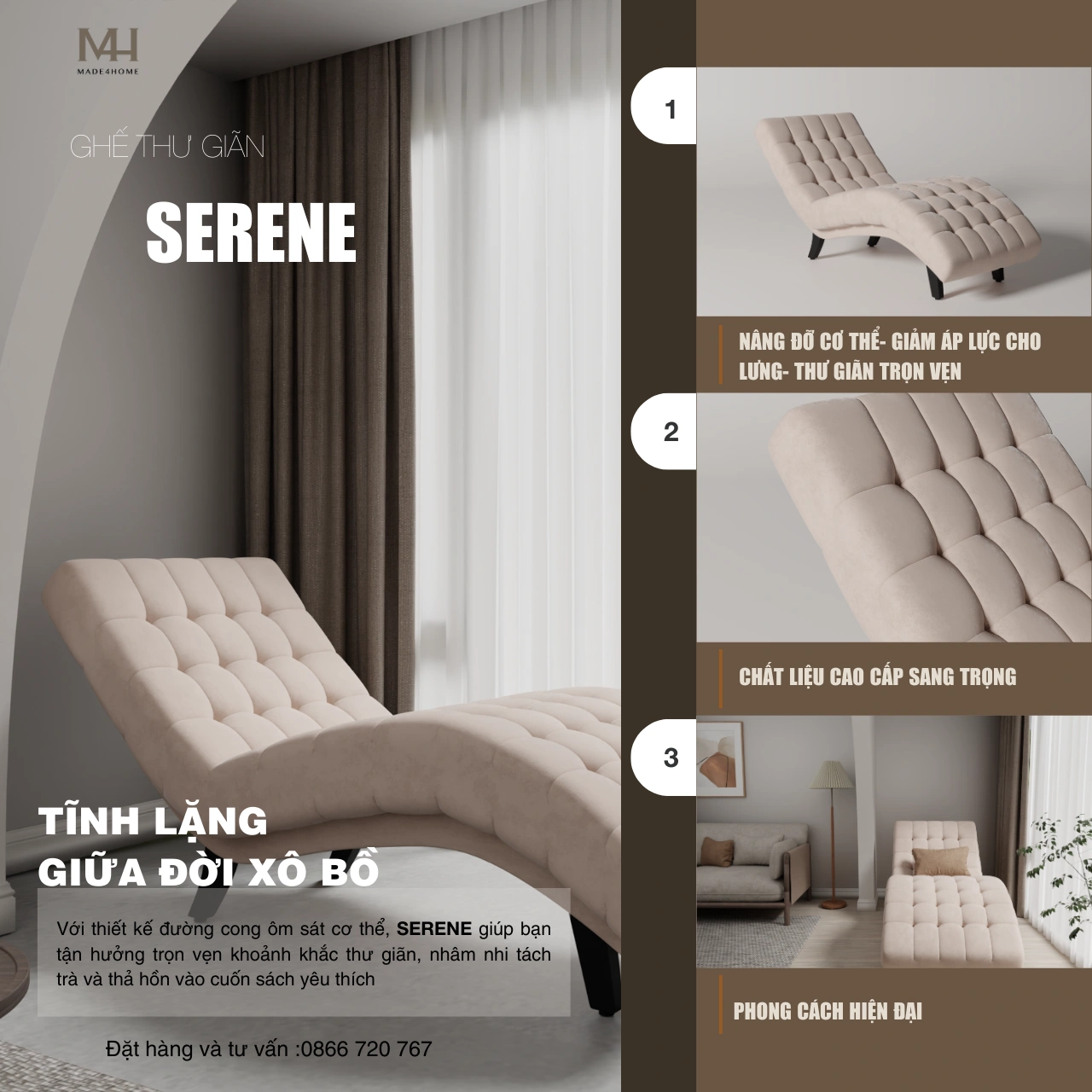 Ghế thư giãn Serene- Khung gỗ dầu, nệm cao cấp ôm trọn cơ thể.
