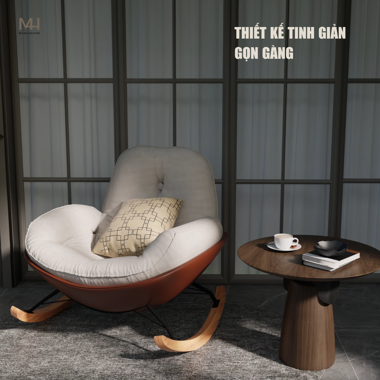 Ghế Thư Giãn NEST Màu Kem – Ghế Bập Bênh Nhung Trượt Nước, Chân Gỗ Tự Nhiên