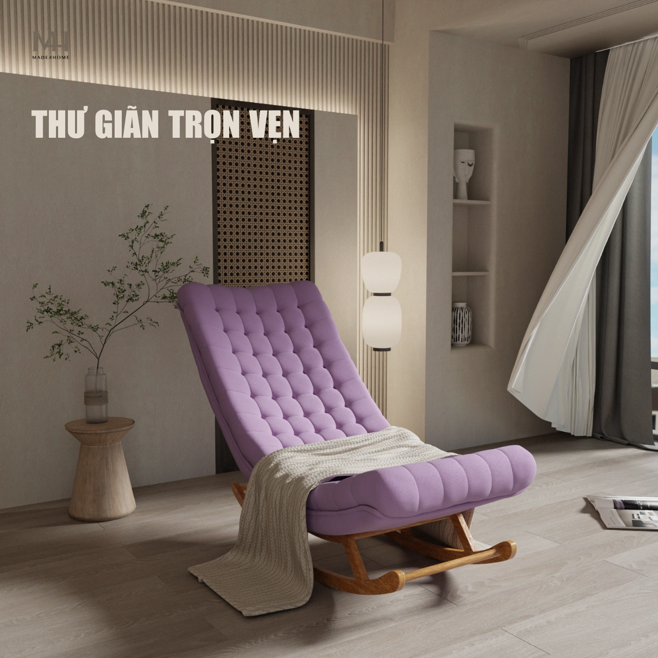 Ghế thư giãn Horizon màu tím – Ghế bập bênh cao cấp gỗ thông nhập khẩu, vải nhung mềm mịn