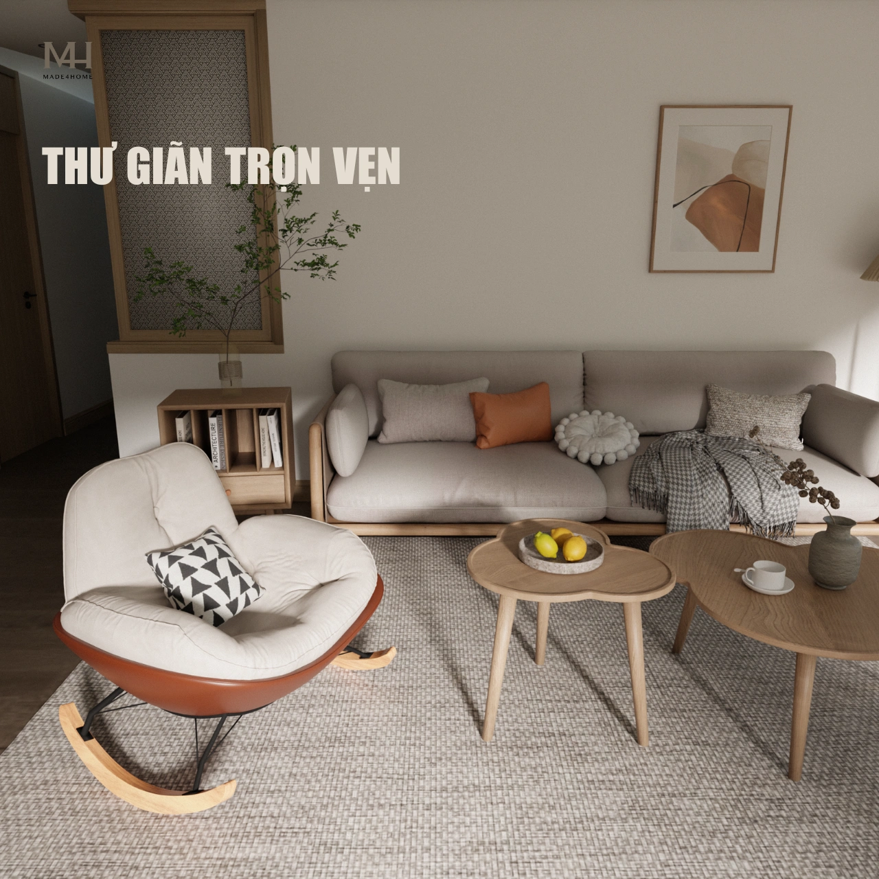 Ghế Thư Giãn NEST Màu Kem – Ghế Bập Bênh Nhung Trượt Nước, Chân Gỗ Tự Nhiên