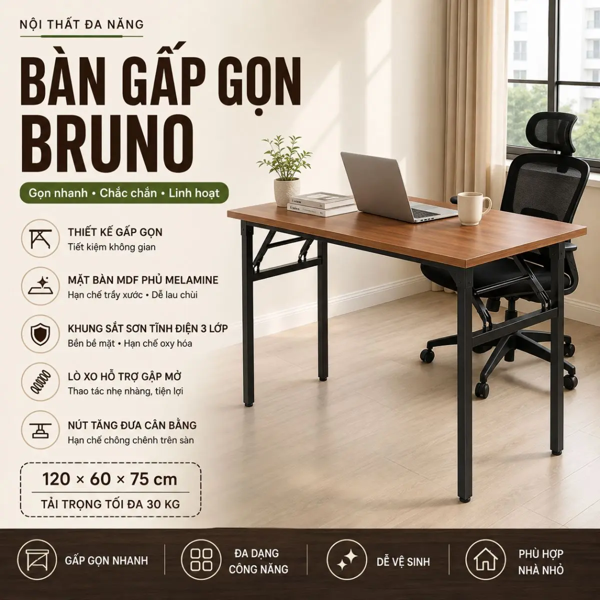 Bàn Làm Việc Gấp Gọn Bruno 120x60 – Thiết Kế Tiện Lợi, Chân Sắt Chắc Chắn, Mặt Gỗ MDF Cao Cấp 15 Bàn Làm Việc Gấp Gọn Bruno 120x60 – Thiết Kế Tiện Lợi, Chân Sắt Chắc Chắn, Mặt Gỗ MDF Cao Cấp - Ảnh 15