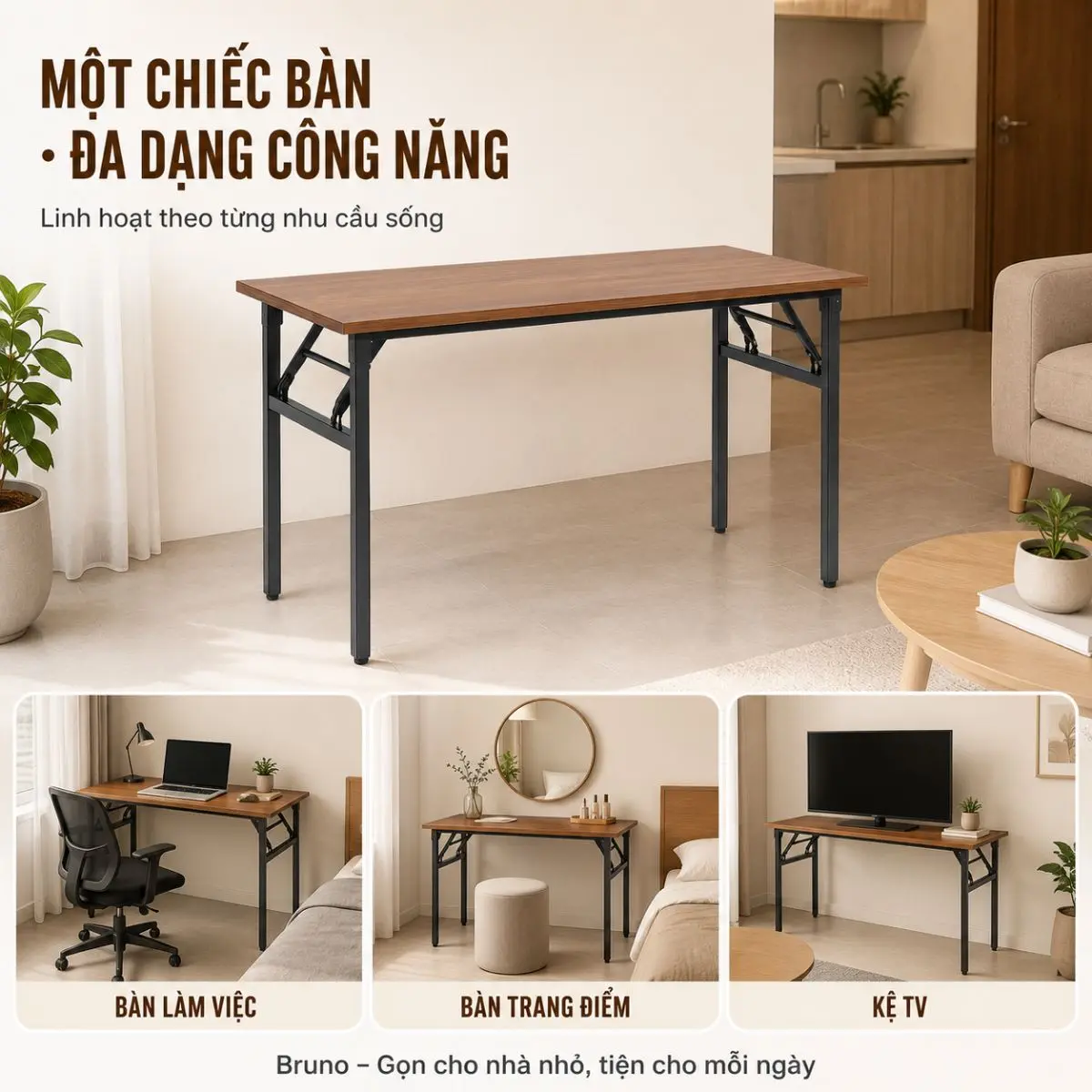 Bàn Làm Việc Gấp Gọn Bruno 120x60 – Thiết Kế Tiện Lợi, Chân Sắt Chắc Chắn, Mặt Gỗ MDF Cao Cấp 2 Bàn Làm Việc Gấp Gọn Bruno 120x60 – Thiết Kế Tiện Lợi, Chân Sắt Chắc Chắn, Mặt Gỗ MDF Cao Cấp - Ảnh 2