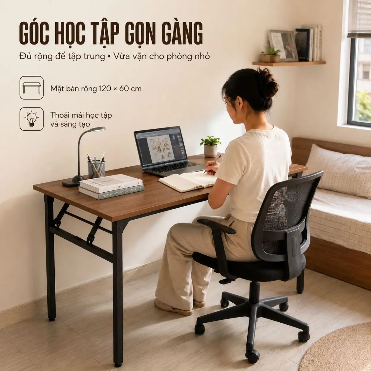 Bàn Làm Việc Gấp Gọn Bruno 120x60 – Thiết Kế Tiện Lợi, Chân Sắt Chắc Chắn, Mặt Gỗ MDF Cao Cấp 7 Bàn Làm Việc Gấp Gọn Bruno 120x60 – Thiết Kế Tiện Lợi, Chân Sắt Chắc Chắn, Mặt Gỗ MDF Cao Cấp - Ảnh 7