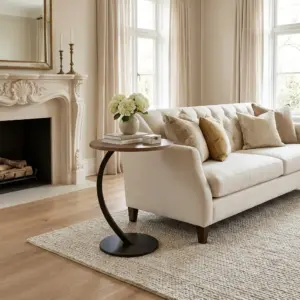 Bàn Side Table Nysa – Bàn Sofa Nhỏ Gọn Chân Sắt Uốn Cong, Mặt Gỗ Hiện Đại