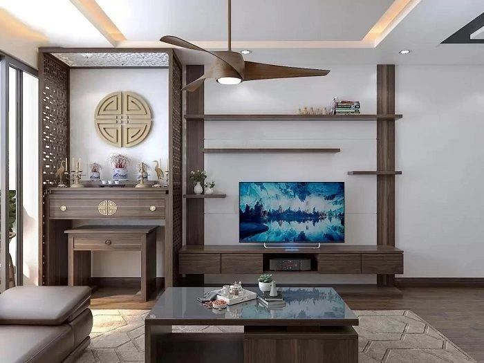 Mẫu bàn thờ kết hợp kệ trang trí hiện đại
