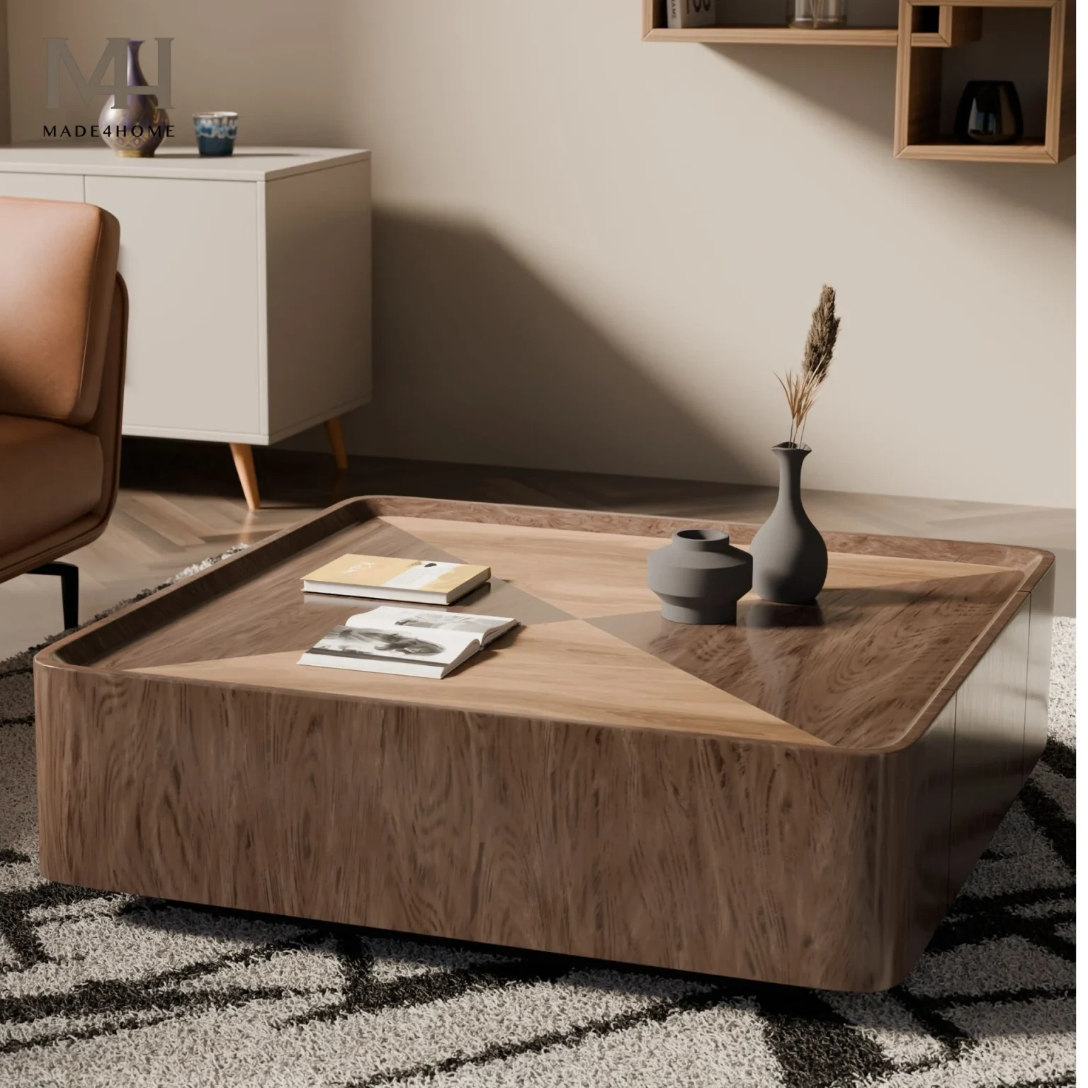 Bàn trà gỗ Glovia – Gỗ veneer óc chó, bo góc an toàn
