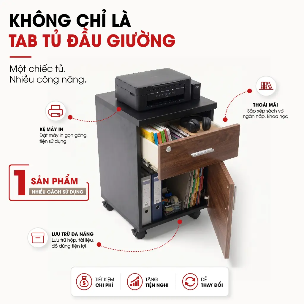 Tab văn phòng 2 ngăn có bánh xe - Gỗ MDF 2 Tab văn phòng 2 ngăn có bánh xe - Gỗ MDF - Ảnh 2