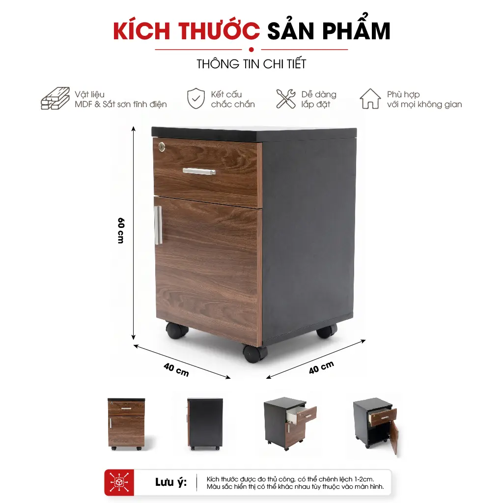 Tab văn phòng 2 ngăn có bánh xe - Gỗ MDF 3 Tab văn phòng 2 ngăn có bánh xe - Gỗ MDF - Ảnh 3