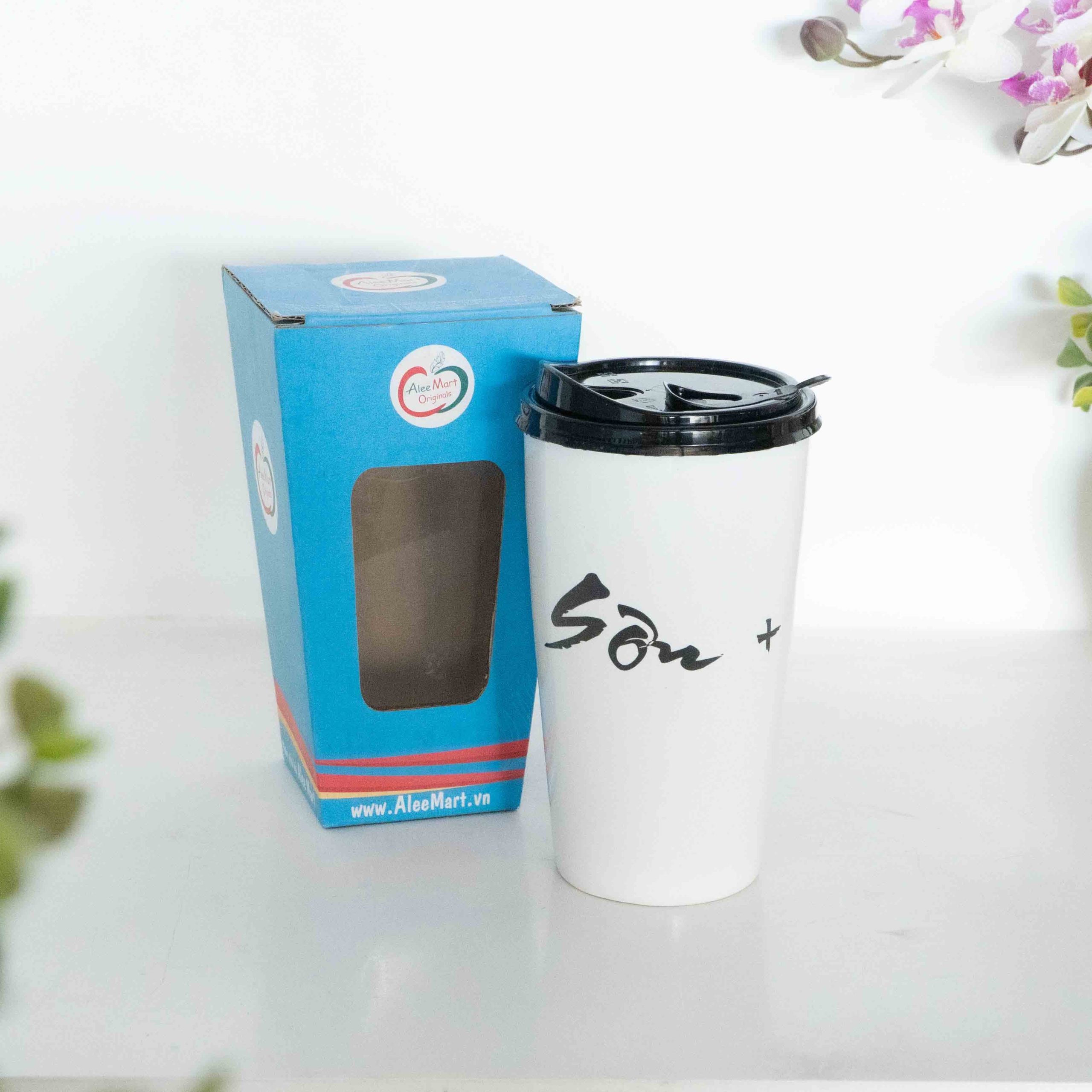 Ly sứ cao cấp Ceramic 450ml nắp nhựa khắc tên