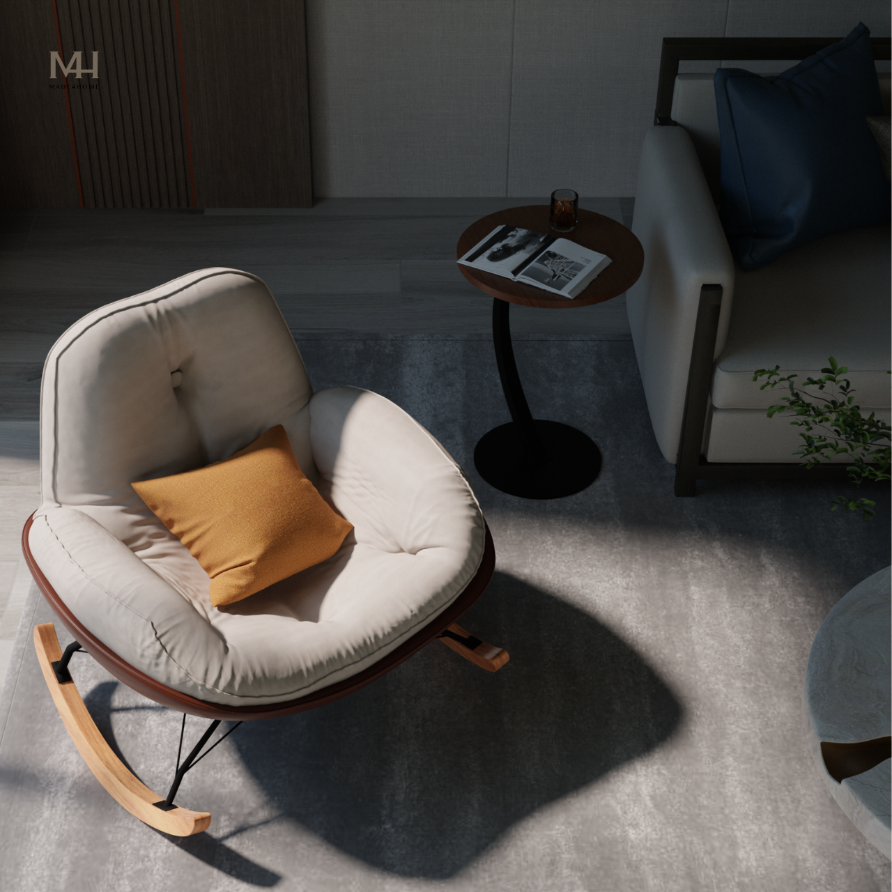 Ghế Thư Giãn NEST Màu Kem – Ghế Bập Bênh Nhung Trượt Nước, Chân Gỗ Tự Nhiên