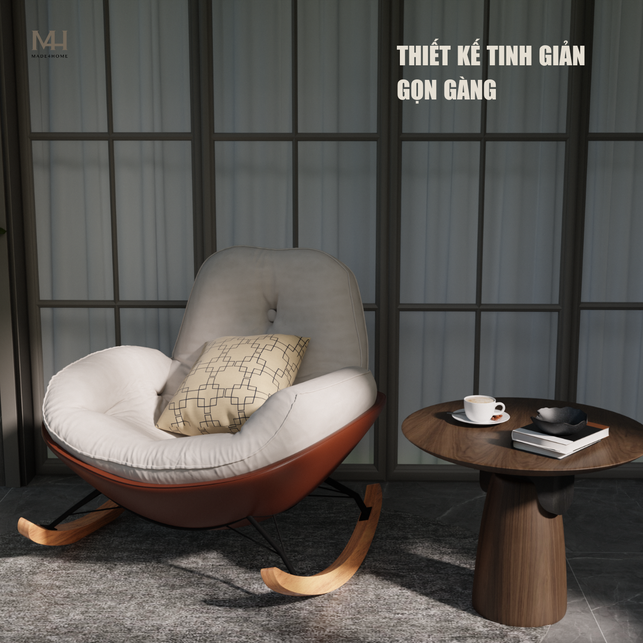 Ghế Thư Giãn NEST Màu Kem – Ghế Bập Bênh Nhung Trượt Nước, Chân Gỗ Tự Nhiên