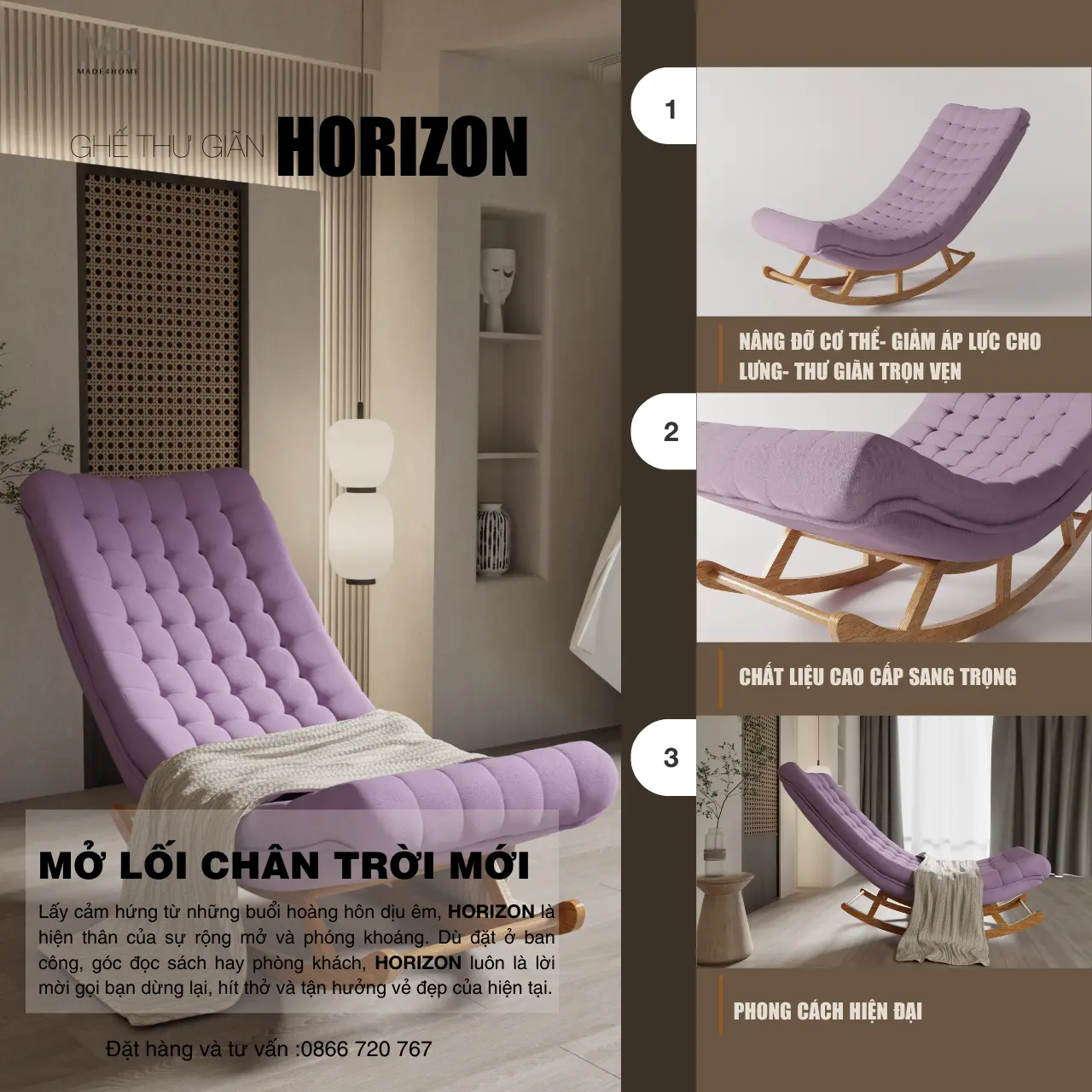 Ghế thư giãn Horizon màu tím – Ghế bập bênh cao cấp gỗ tràm, vải nhung bố