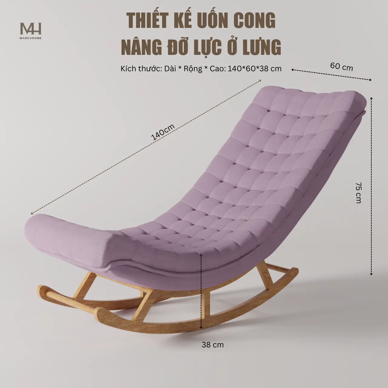 Ghế thư giãn Horizon màu tím – Ghế bập bênh cao cấp gỗ tràm, vải nhung bố