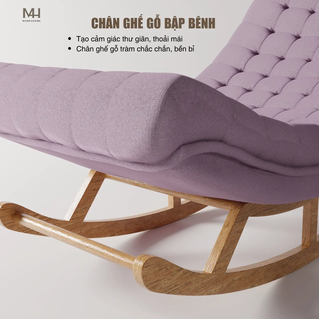 Ghế thư giãn Horizon màu tím – Ghế bập bênh cao cấp gỗ tràm, vải nhung bố