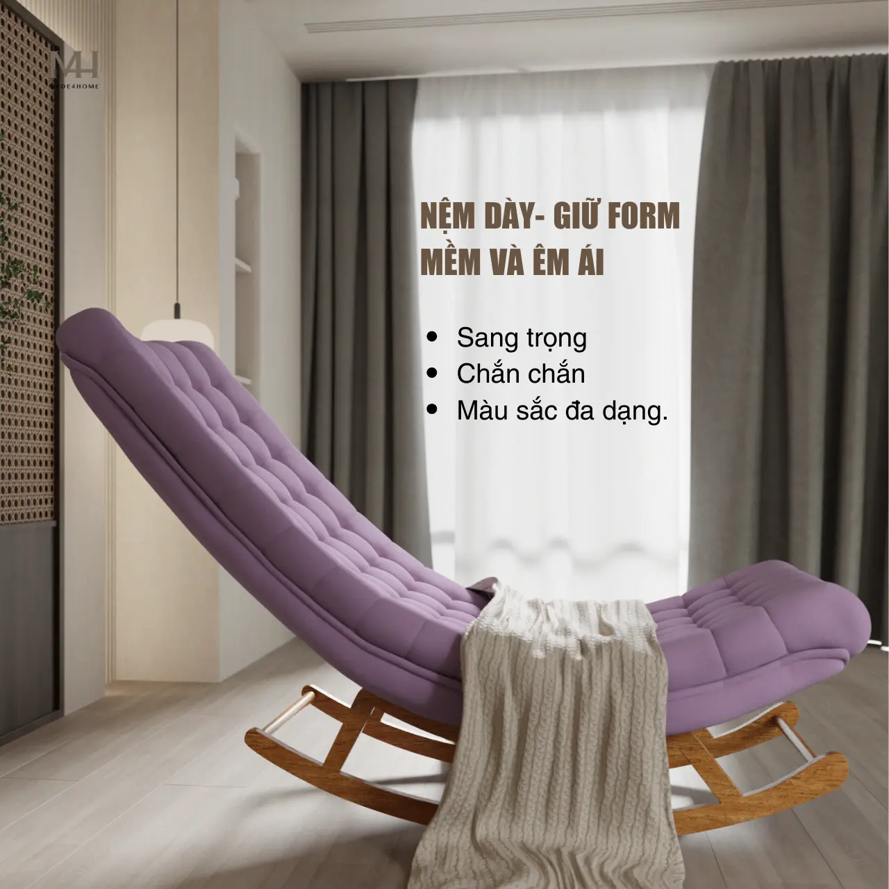 Ghế thư giãn Horizon màu tím – Ghế bập bênh cao cấp gỗ tràm, vải nhung bố