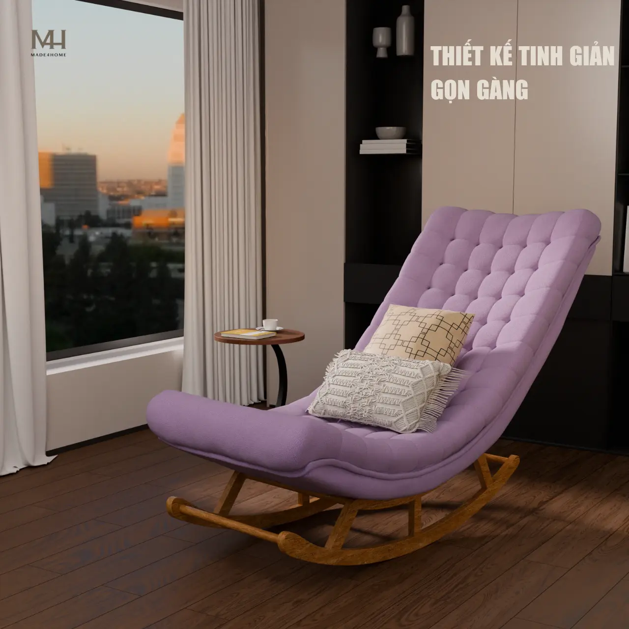 Ghế thư giãn Horizon màu tím – Ghế bập bênh cao cấp gỗ tràm, vải nhung bố