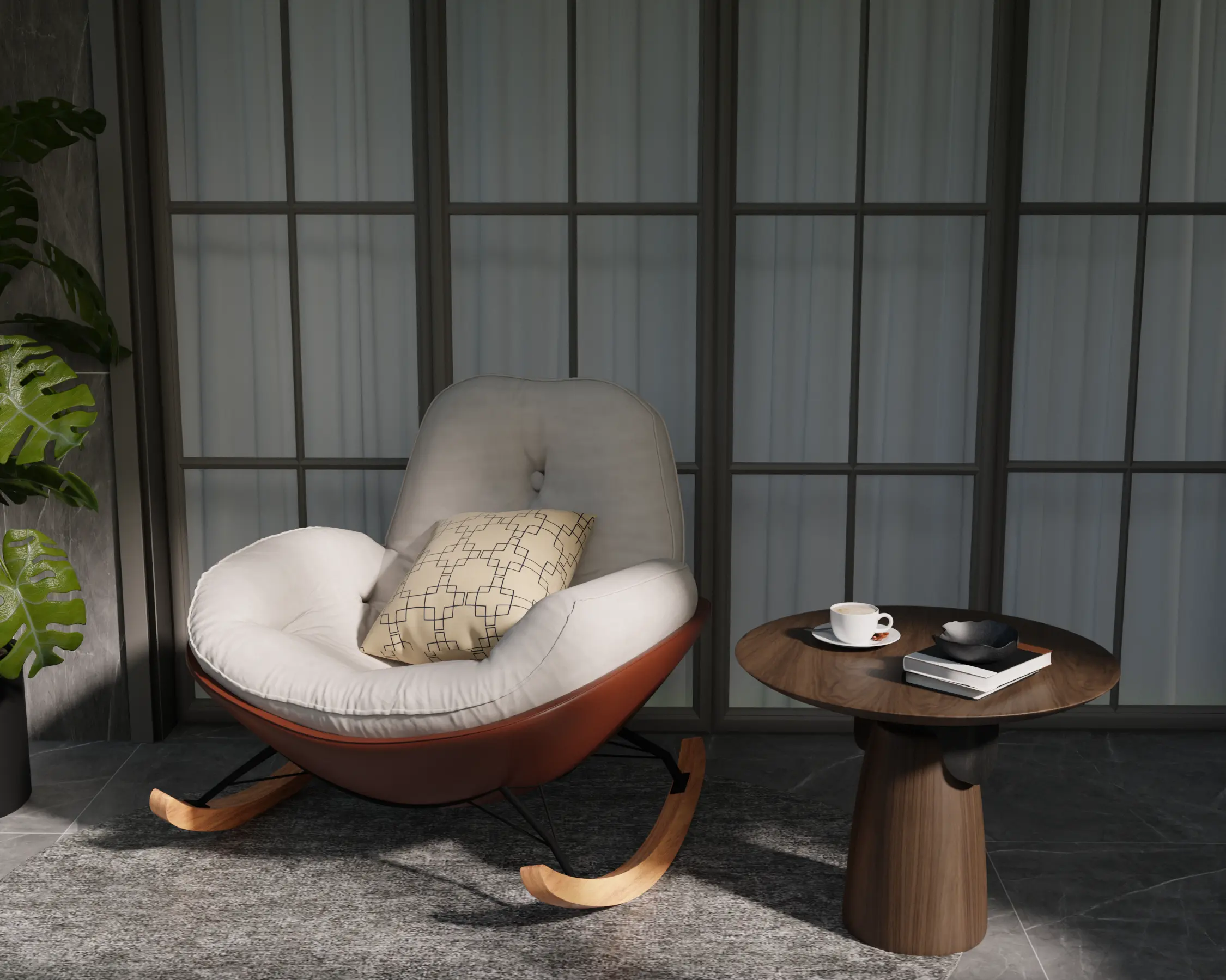 Ghế Thư Giãn NEST Màu Kem – Ghế Bập Bênh Nhung Trượt Nước, Chân Gỗ Tự Nhiên