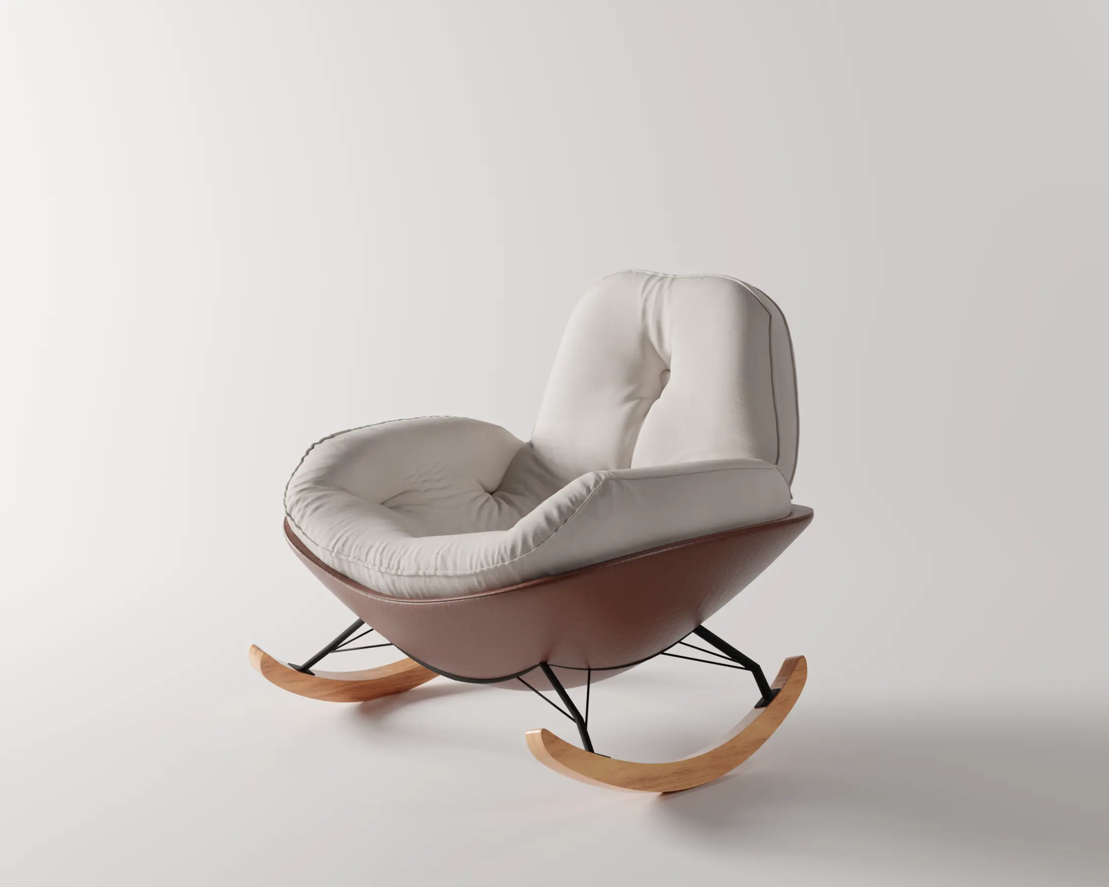 Ghế Thư Giãn NEST Màu Kem – Ghế Bập Bênh Nhung Trượt Nước, Chân Gỗ Tự Nhiên