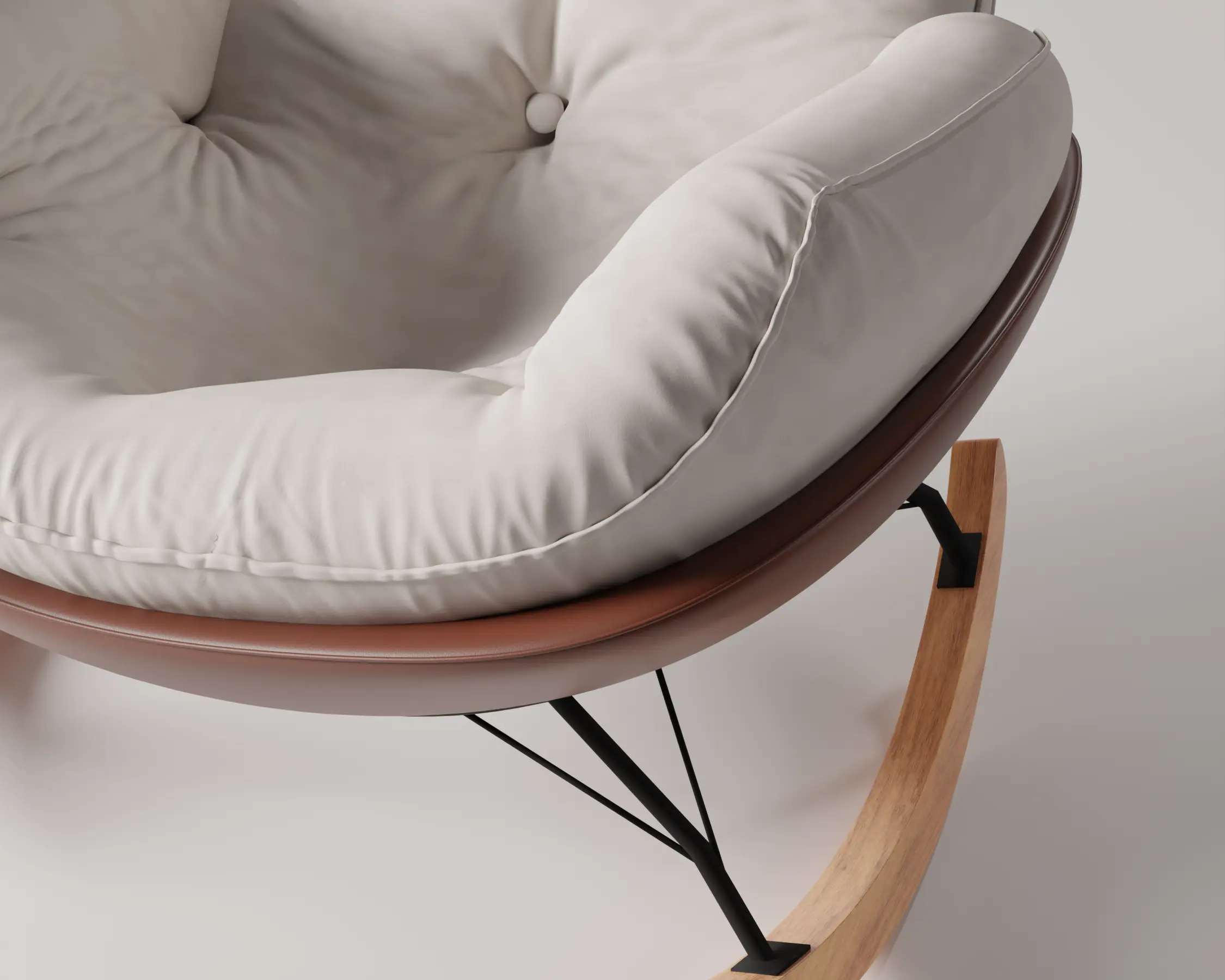 Ghế Thư Giãn NEST Màu Kem – Ghế Bập Bênh Nhung Trượt Nước, Chân Gỗ Tự Nhiên