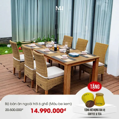 Bộ Bàn Ăn Ngoài Trời 6 Ghế – Gỗ Keo & Mây Nhựa Cao Cấp từ M4H