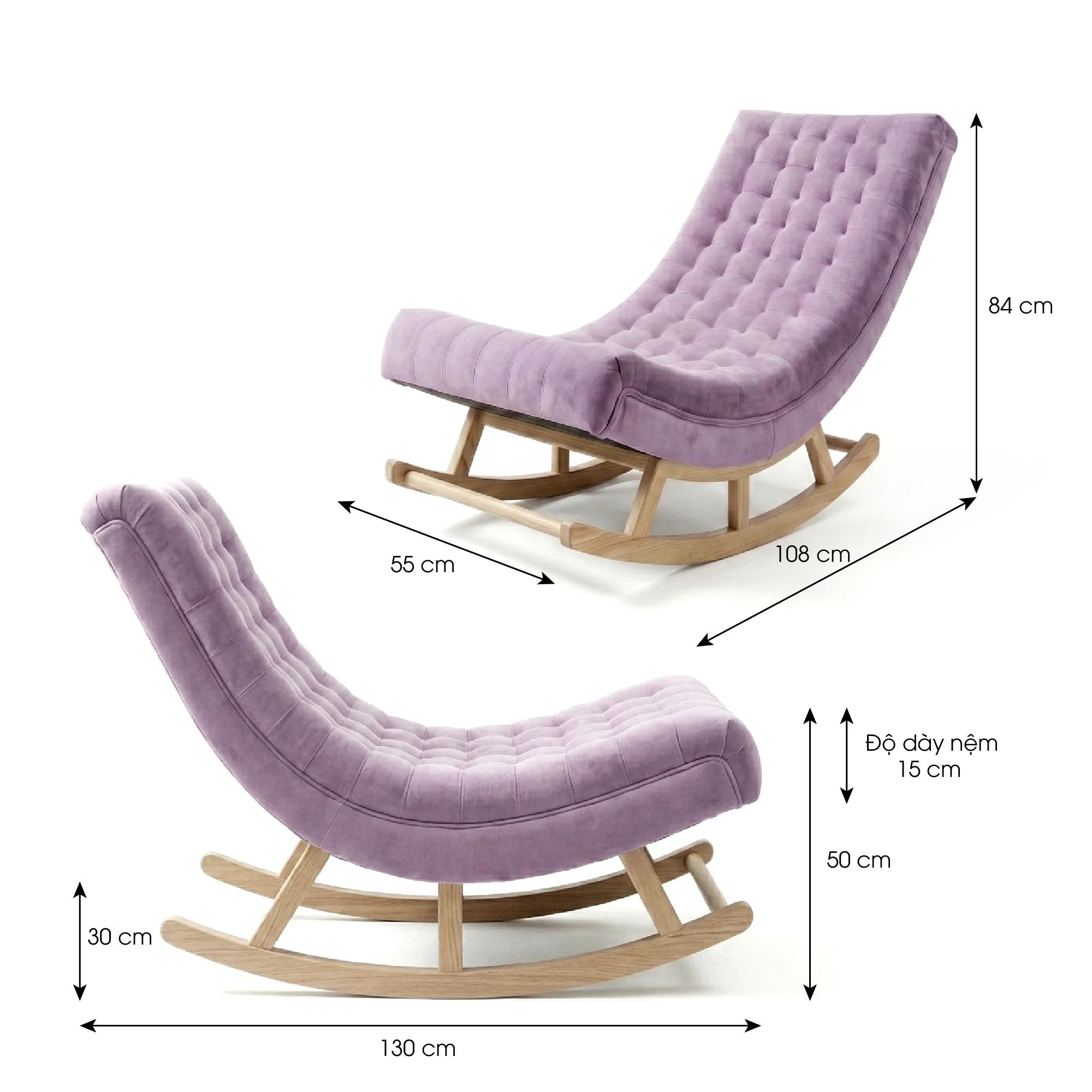 Ghế thư giãn Horizon màu tím – Ghế bập bênh cao cấp gỗ thông nhập khẩu, vải nhung mềm mịn