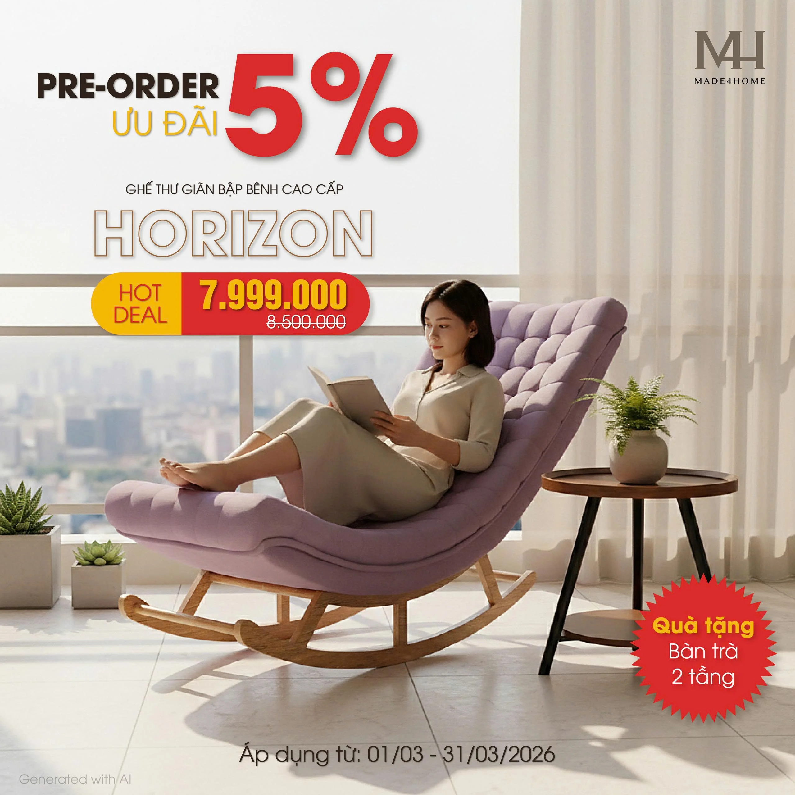 Ghế thư giãn Horizon màu tím – Ghế bập bênh cao cấp gỗ tràm, vải nhung bố 3 Ghế thư giãn Horizon màu tím – Ghế bập bênh cao cấp gỗ tràm, vải nhung bố