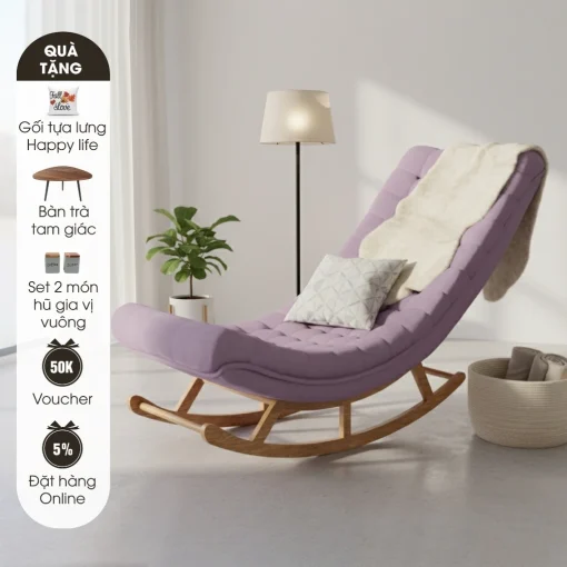 Ghế thư giãn Horizon màu tím – Ghế bập bênh cao cấp gỗ tràm, vải nhung bố