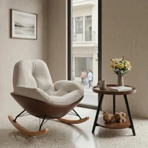 Ghế Thư Giãn NEST Màu Kem – Ghế Bập Bênh Nhung Trượt Nước, Chân Gỗ Tự Nhiên