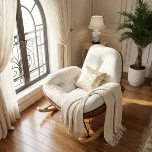 Ghế Thư Giãn NEST Màu Kem – Ghế Bập Bênh Nhung Trượt Nước, Chân Gỗ Tự Nhiên