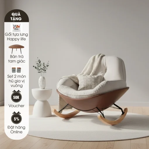 Ghế Thư Giãn NEST Màu Kem – Ghế Bập Bênh Nhung Trượt Nước, Chân Gỗ Tự Nhiên