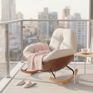 Ghế Thư Giãn NEST Màu Kem – Ghế Bập Bênh Nhung Trượt Nước, Chân Gỗ Tự Nhiên