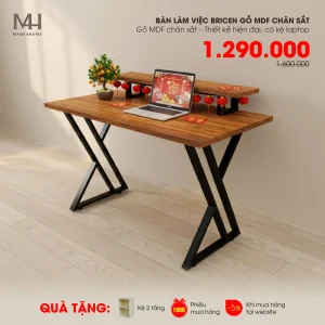 Bàn Làm Việc Bricen Gỗ MDF Chân Sắt – Thiết Kế Hiện Đại, Có Kệ Laptop