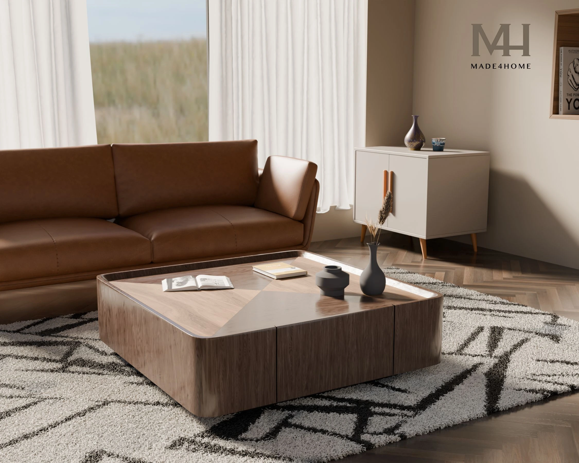 Bàn Trà Glovia Gỗ Veneer Óc Chó – Thiết Kế Hiện Đại, Bo Góc An Toàn