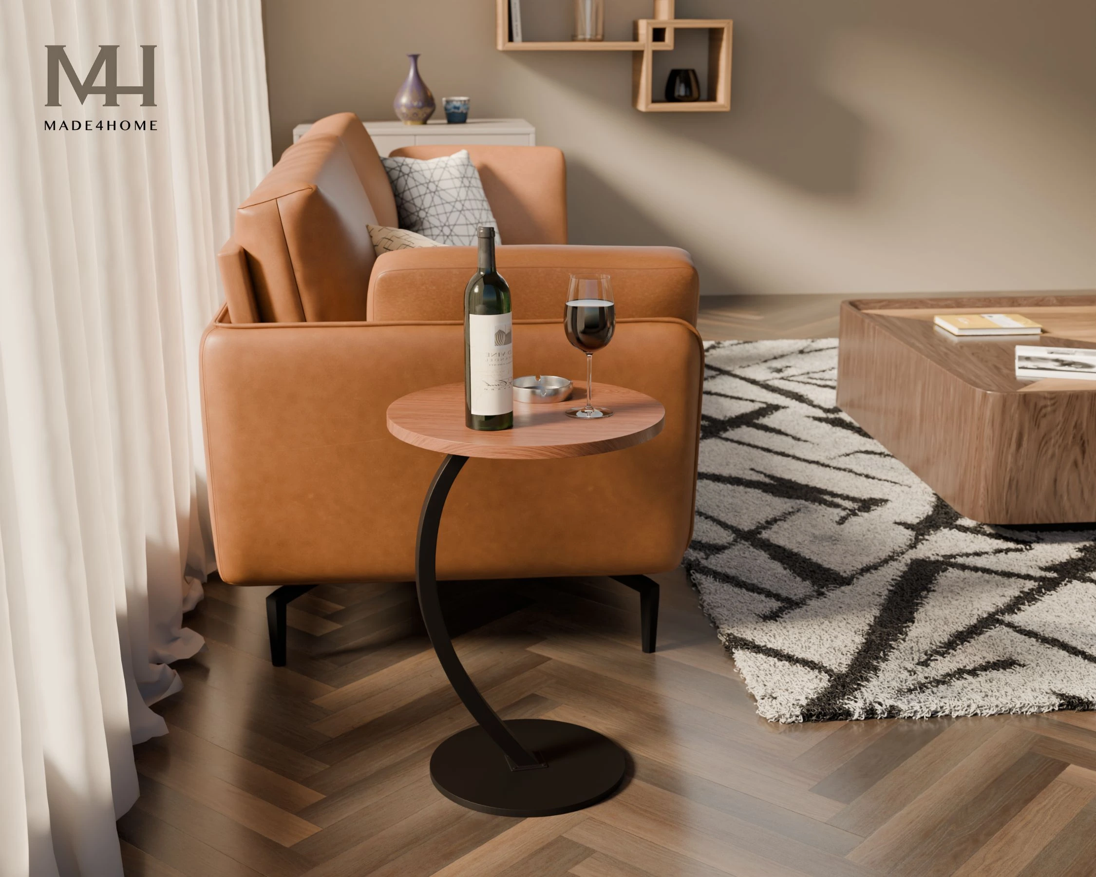 Bàn Side Table Nysa – Bàn Sofa Nhỏ Gọn Chân Sắt Uốn Cong, Mặt Gỗ Hiện Đại