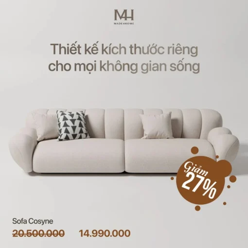 Sofa Cosyne – Sofa vải nhung bền đẹp, form dáng hiện đại, khung gỗ chắc chắn