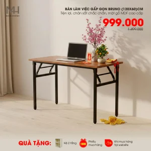 Bàn Làm Việc Gấp Gọn Bruno 120x60 – Có 2 màu Thiết Kế Tiện Lợi, Chân Sắt Chắc Chắn, Mặt Gỗ MDF Cao Cấp