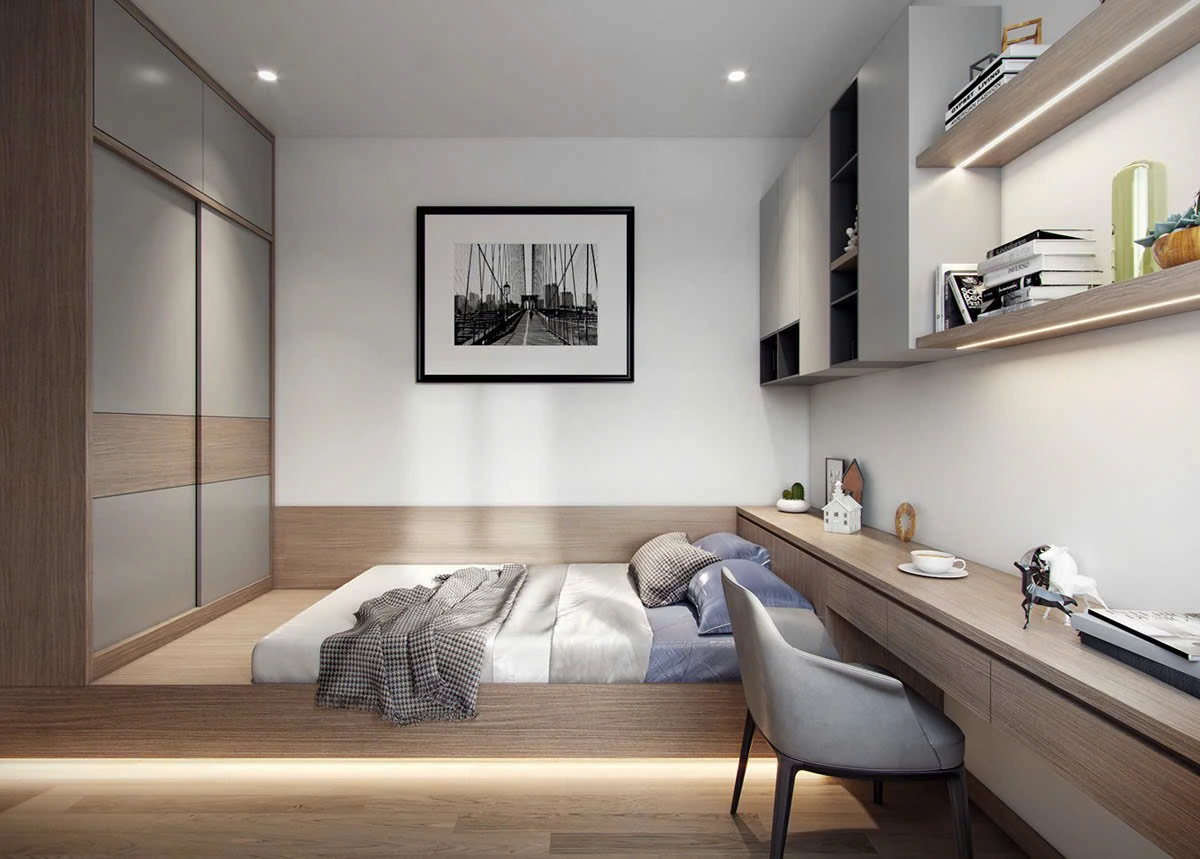 Giường ngủ MDF dạng bục mang phong cách tối giản Nhật Bản, phù hợp với không gian sống thiền tịnh.