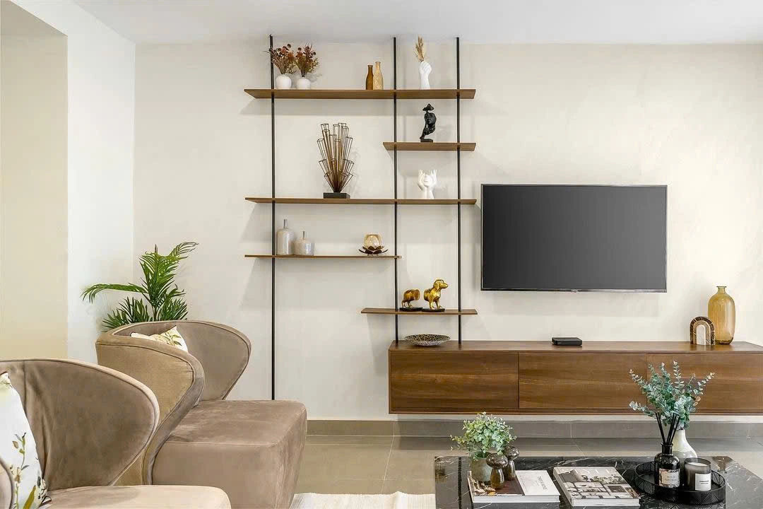 Phòng khách hiện đại với kệ tivi gỗ đơn giản mang phong cách tối giản, xu hướng nội thất 2025