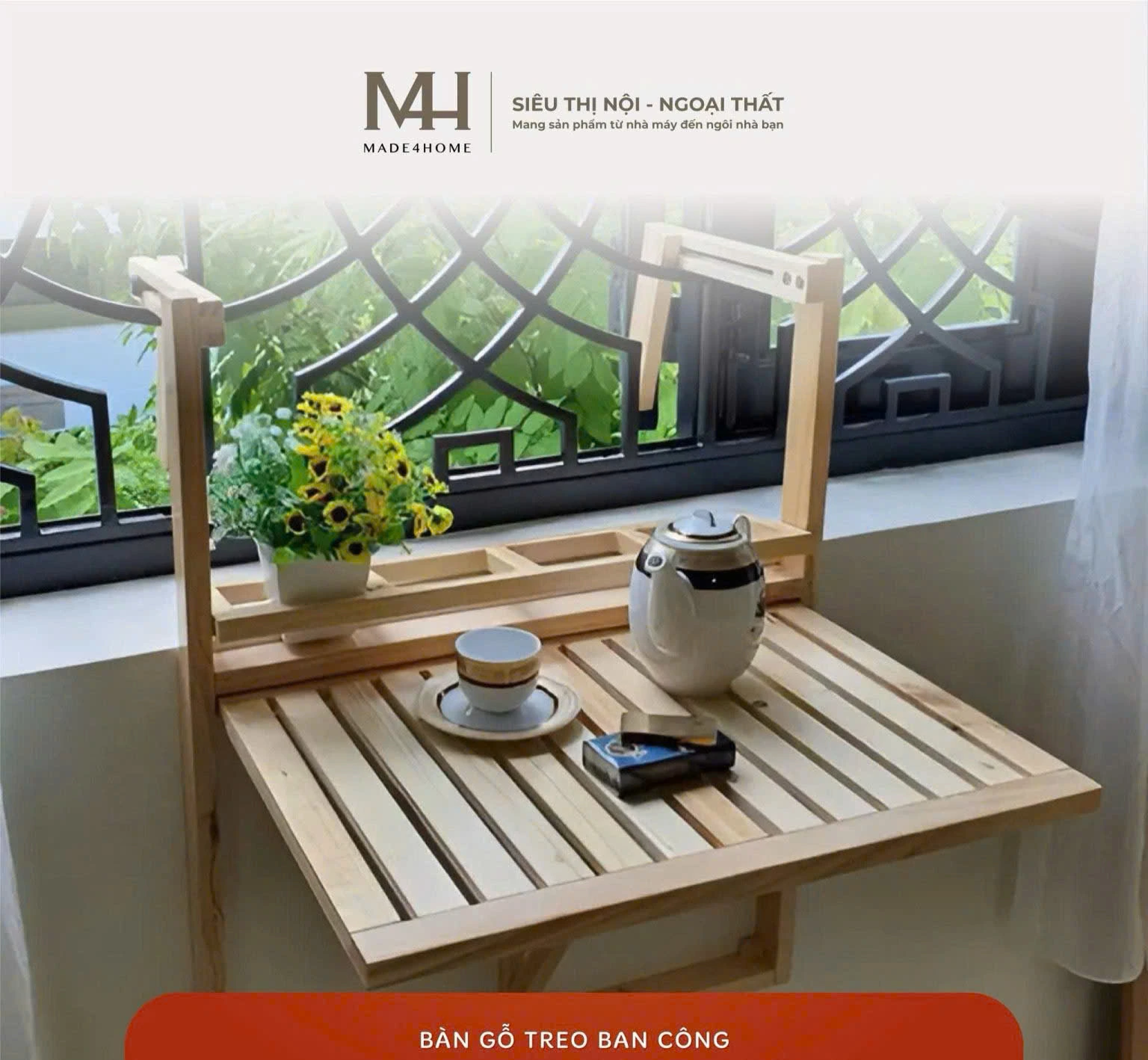 Kệ gỗ treo ban công Made4Home tạo không gian thư giãn xanh mát và tiện dụng ngoài trời.