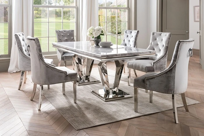 Bàn ăn mặt kính phủ vân đá marble