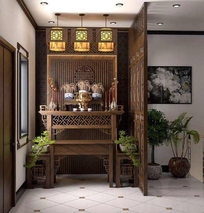 Mẫu bàn thờ tích hợp vách ngăn trang trí