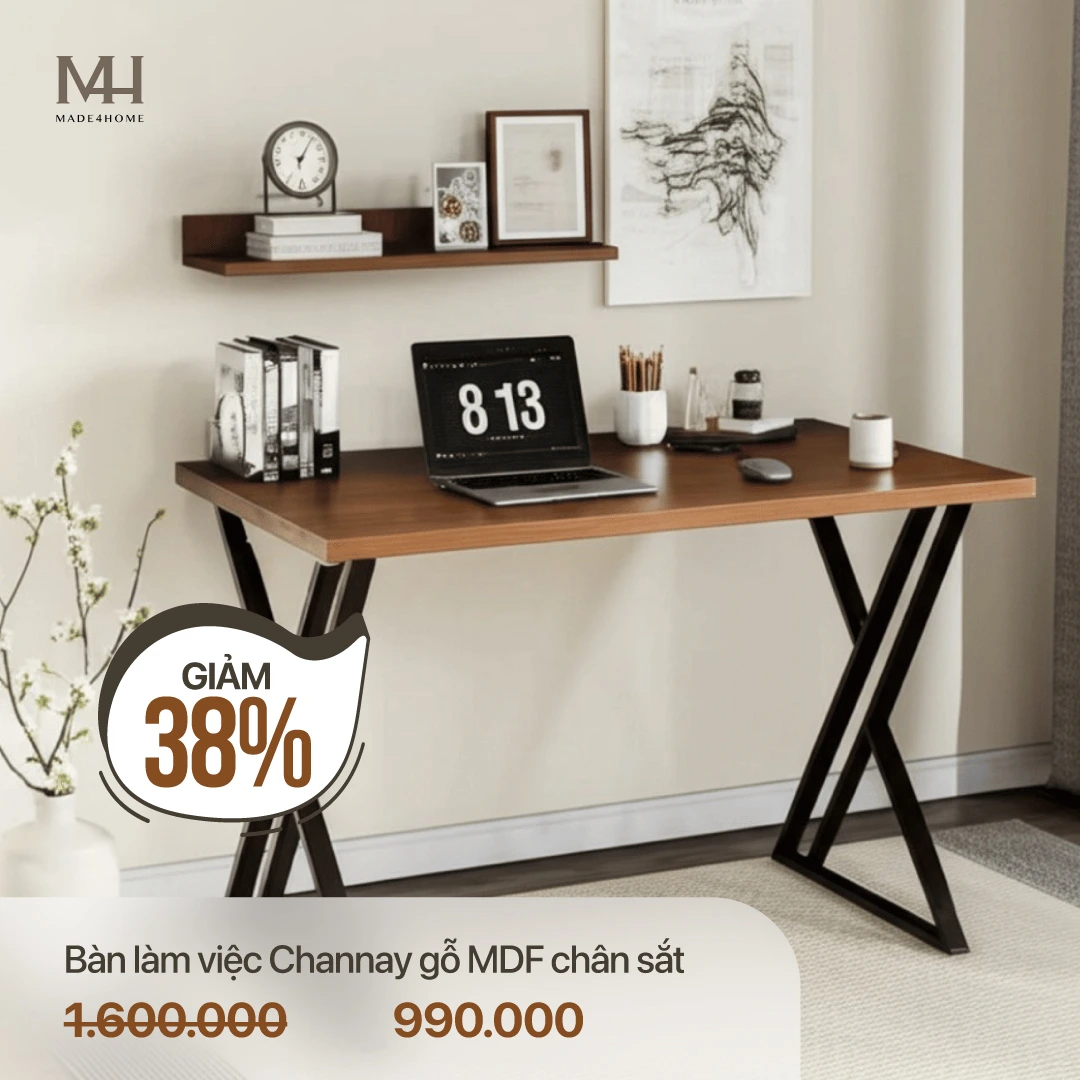 Bàn Làm Việc Bricen Gỗ MDF Chân Sắt