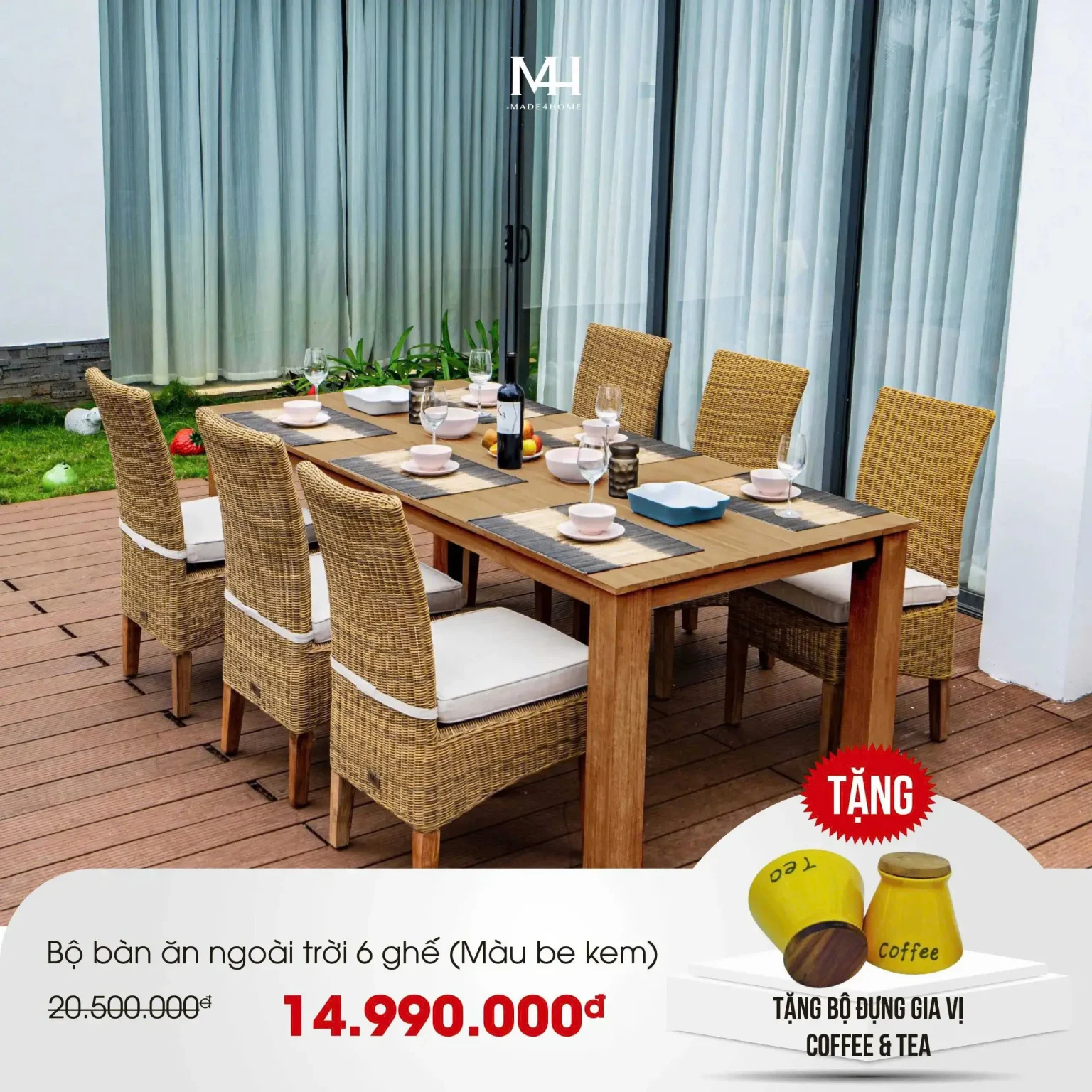 Bộ bàn ăn ngoài trời 6 ghế – Gỗ Keo & Mây Nhựa Cao Cấp