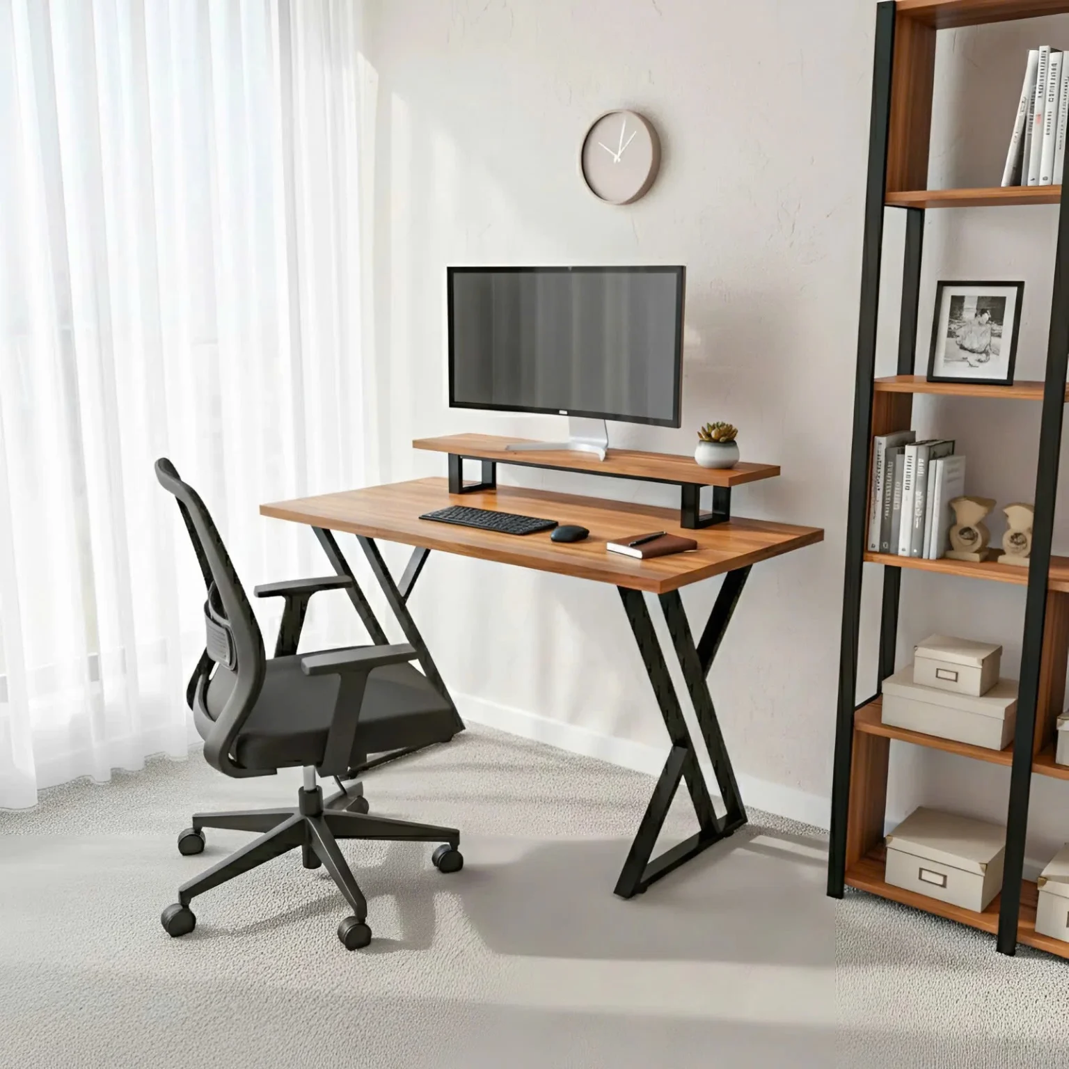 Bàn Làm Việc Bricen – Gỗ MDF, Chân Sắt, Có Kệ Laptop