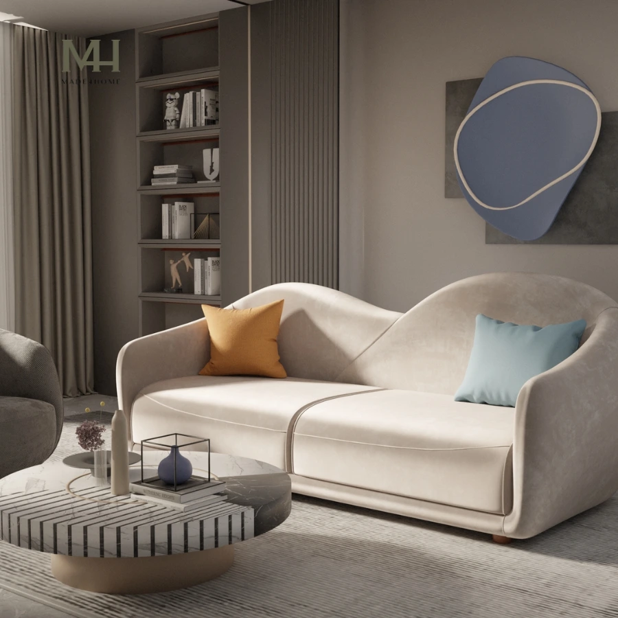 Sofa Carmencita 1m8 – Thiết Kế Uốn Lượn Nghệ Thuật, Khung Gỗ Tràm, Bọc Nhung Cao Cấp